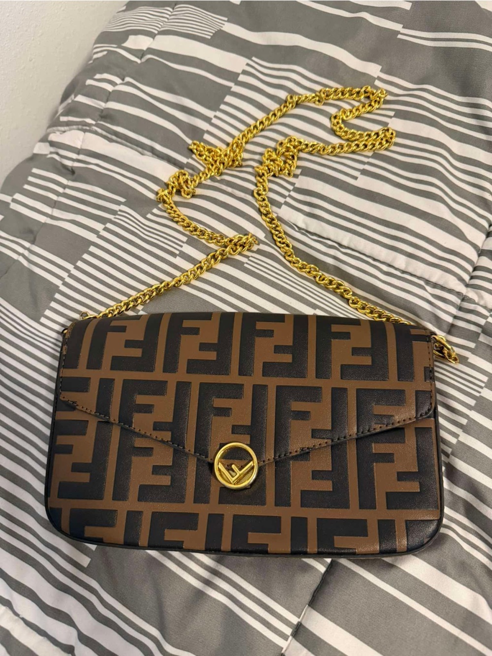 Brown and Black FF Logo Crossbody with Gold Chain